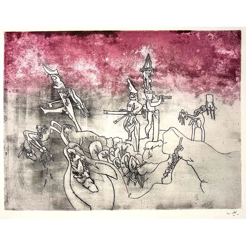 Roberto Matta grabado al aguafuerte a color soldiers defending the master race